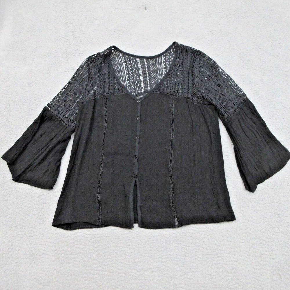 Womens Black Boho Crochet‎ Lace Peasant Blouse Large Bell Sleeve Dark Romance